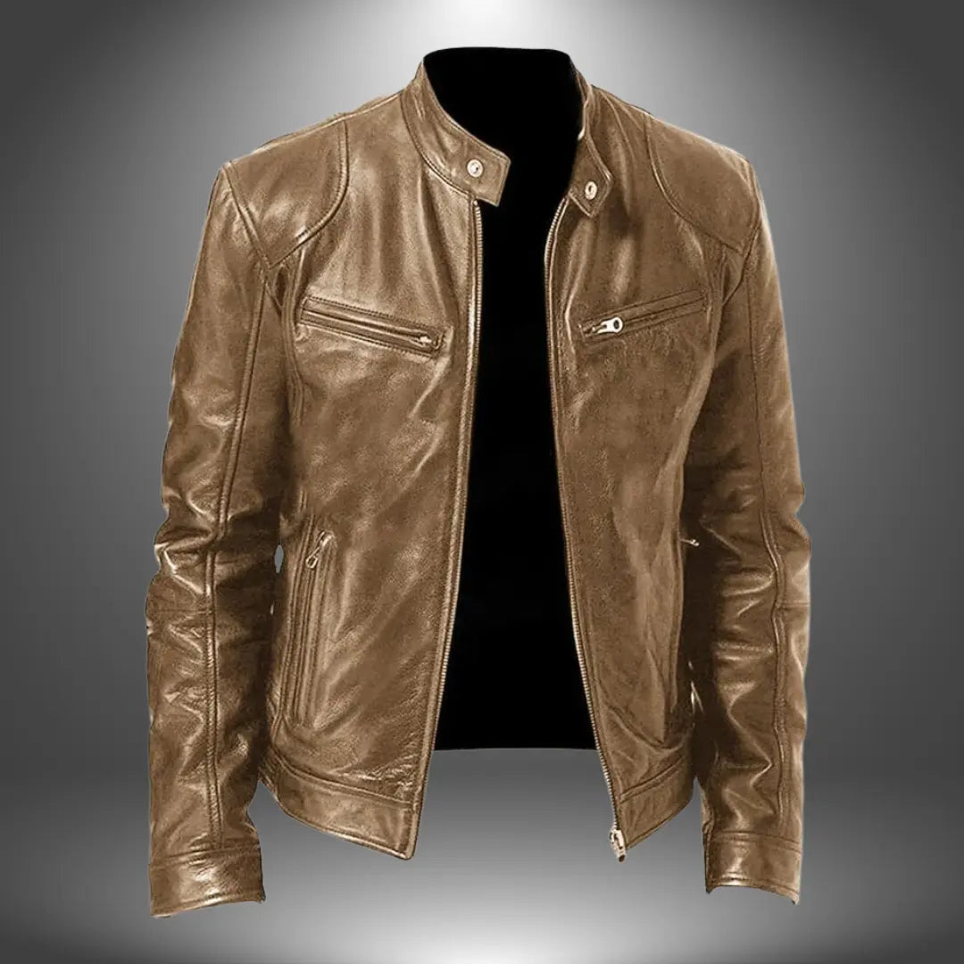 Optew Men’s Leather Biker Jacket – Zip-Up with Stand Collar and Pockets