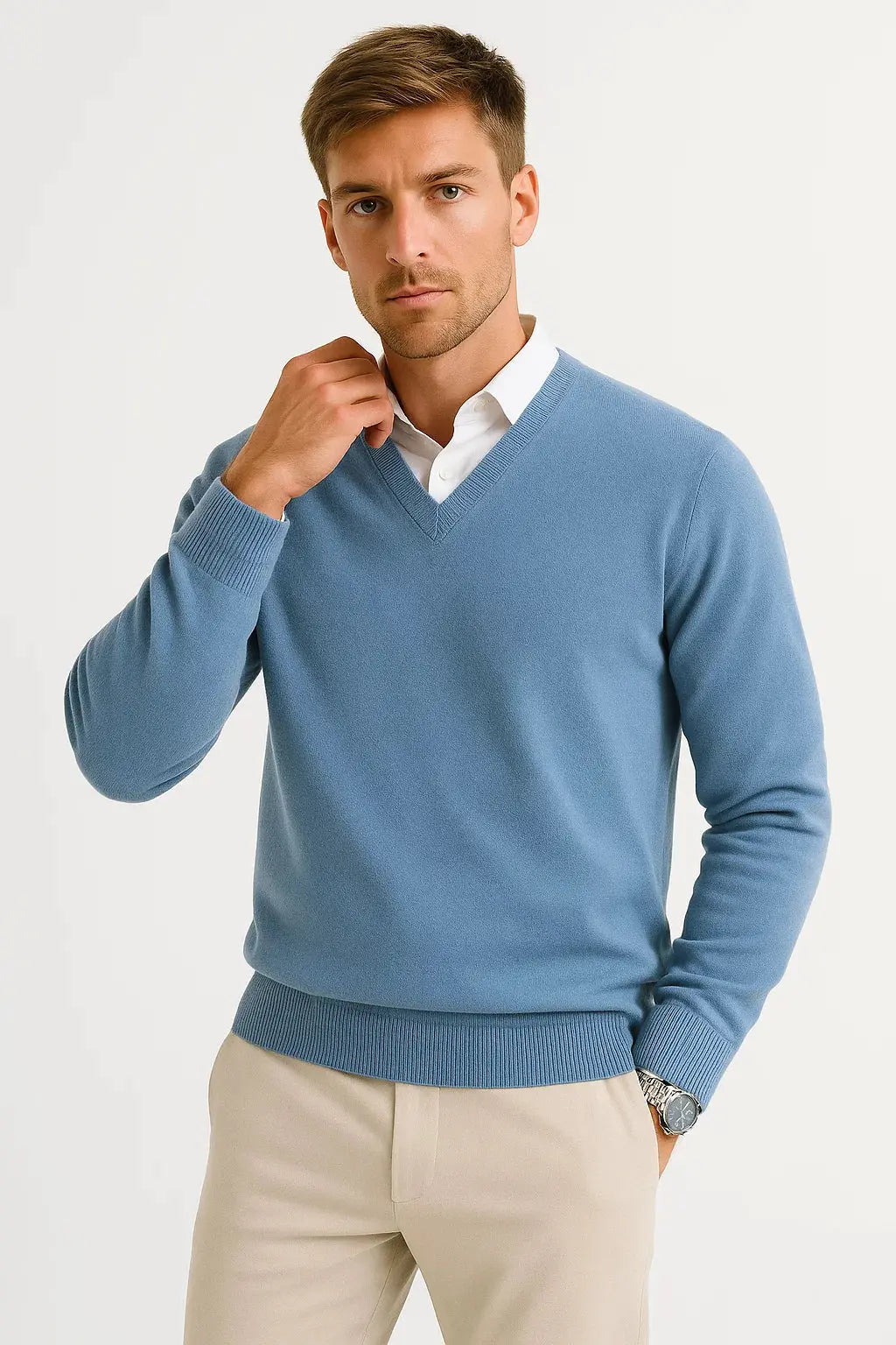 Optew Men's Sweater Wool-Polyester Blend V-Neck Lightweight