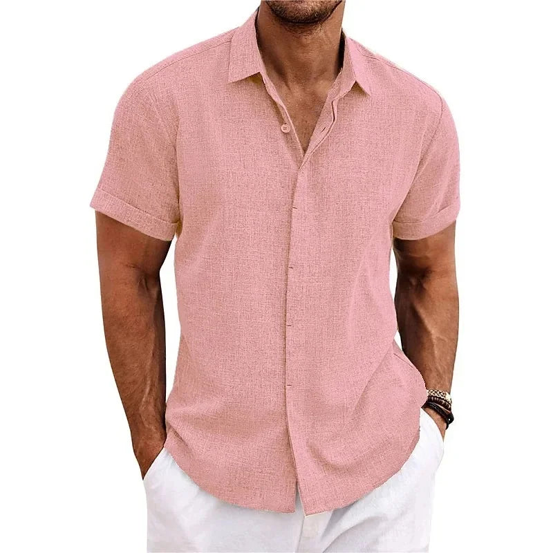 Optew Men's Summer Button-Down Shirt Textured Cotton-Linen Blend