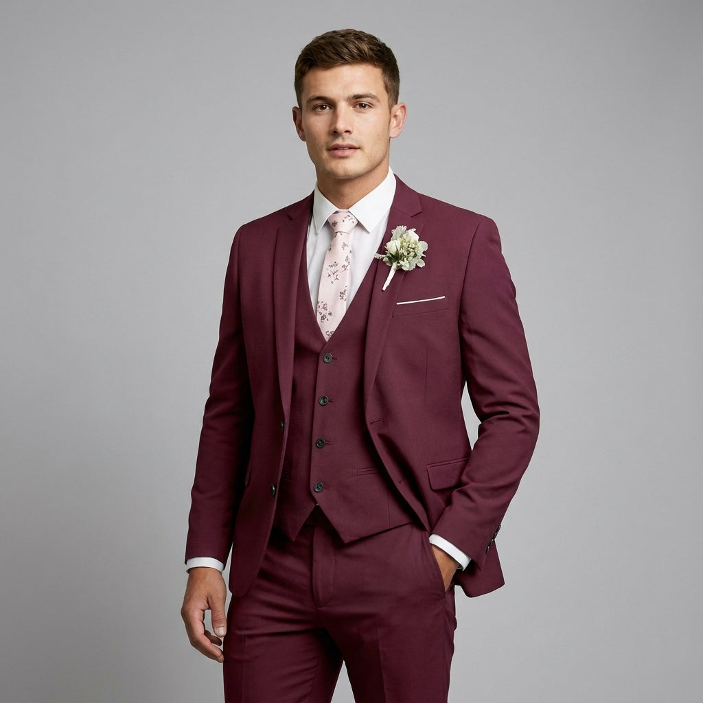 Optew Men Formal Three-Piece Suit Slim Fit Wool Blend