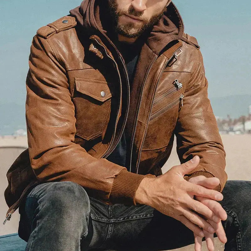 Optew Men’s Hooded Leather Winter Jacket