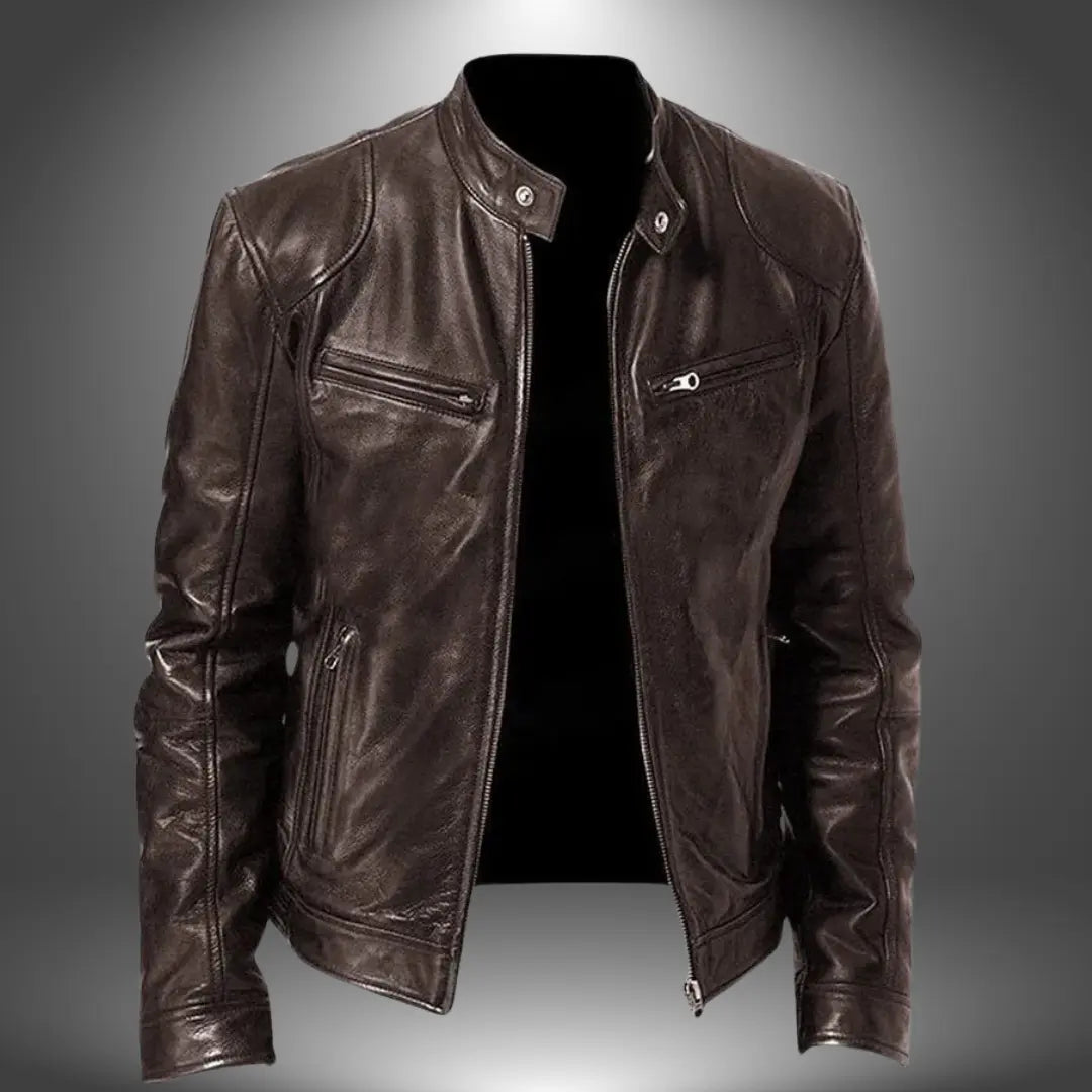 Optew Men’s Leather Biker Jacket – Zip-Up with Stand Collar and Pockets