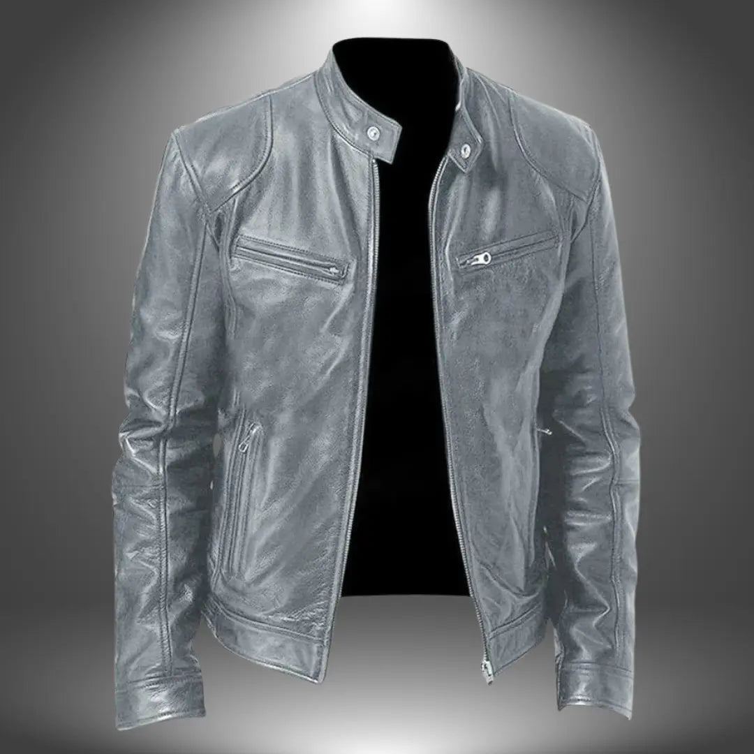 Optew Men’s Leather Biker Jacket – Zip-Up with Stand Collar and Pockets
