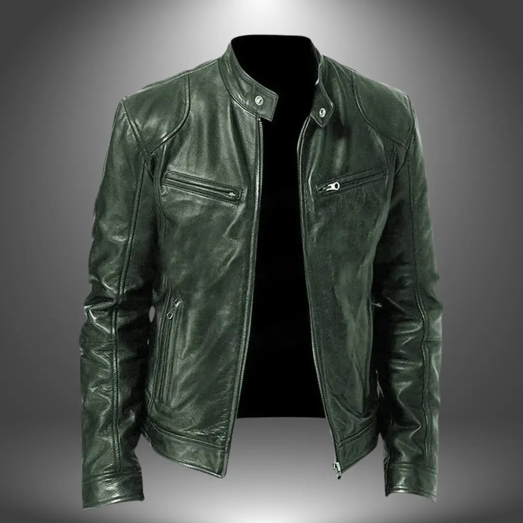 Optew Men’s Leather Biker Jacket – Zip-Up with Stand Collar and Pockets