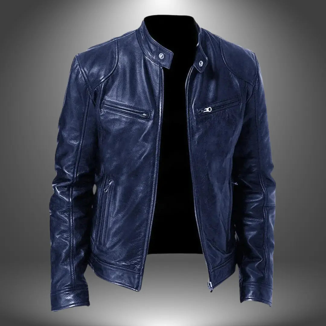Optew Men’s Leather Biker Jacket – Zip-Up with Stand Collar and Pockets