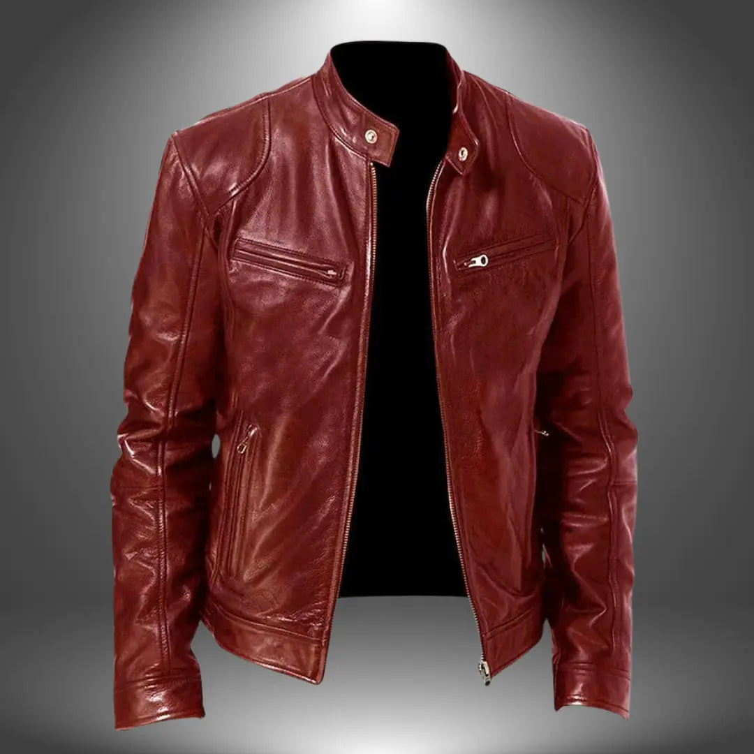 Optew Men’s Leather Biker Jacket – Zip-Up with Stand Collar and Pockets