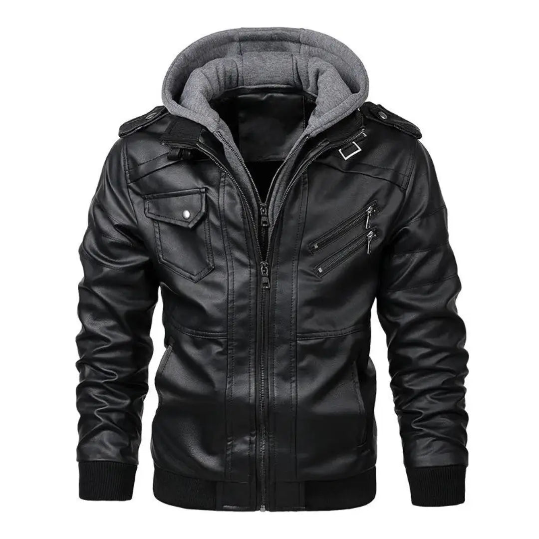 Optew Men’s Hooded Leather Winter Jacket