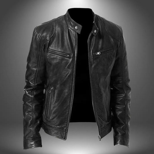 Optew Men’s Leather Biker Jacket – Zip-Up with Stand Collar and Pockets