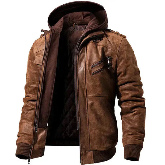 Optew Men’s Hooded Leather Winter Jacket