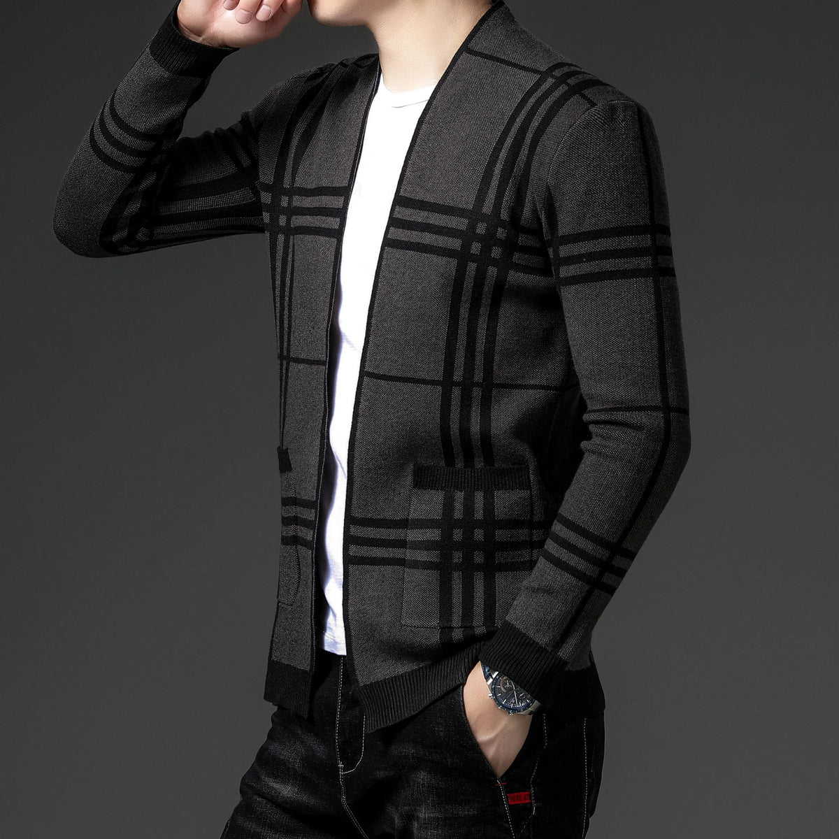 Optew Men’s Grid Open-Front Cardigan