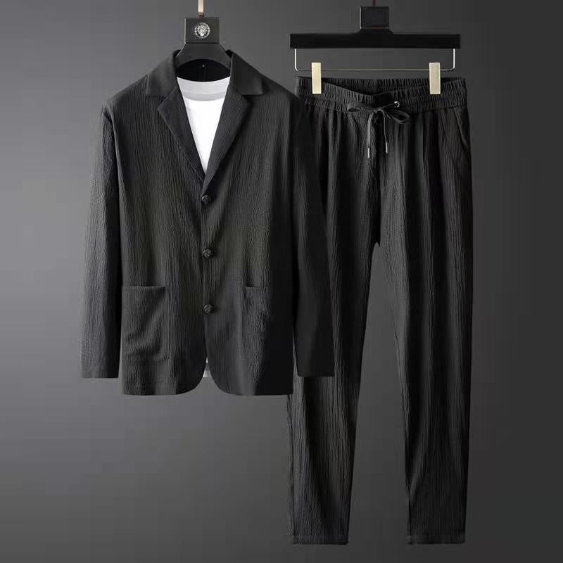 Optew Men Vacation Suit Set Wrinkled Texture Synthetic Blend
