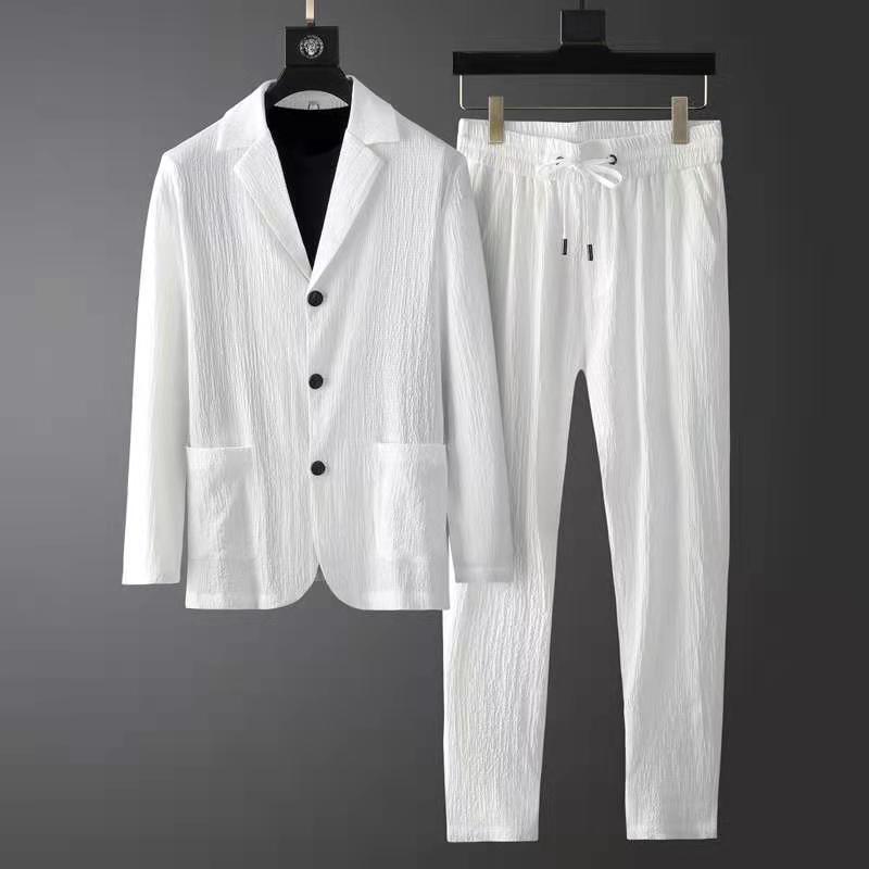Optew Men Vacation Suit Set Wrinkled Texture Synthetic Blend