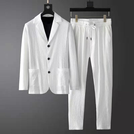 Optew Men Vacation Suit Set Wrinkled Texture Synthetic Blend
