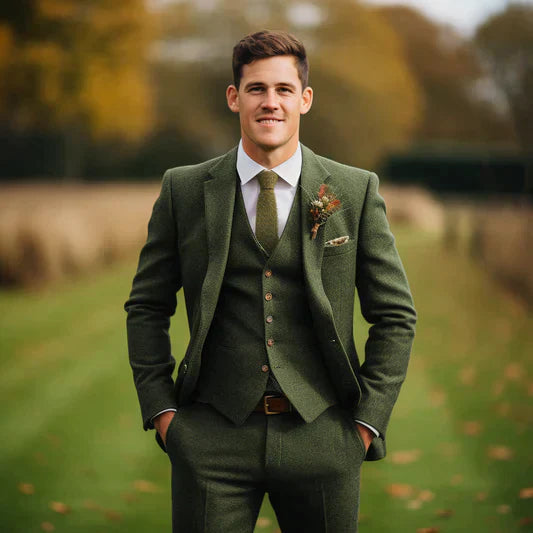 Optew Men's Wedding Three-Piece Suit Olive Green Wool Blend