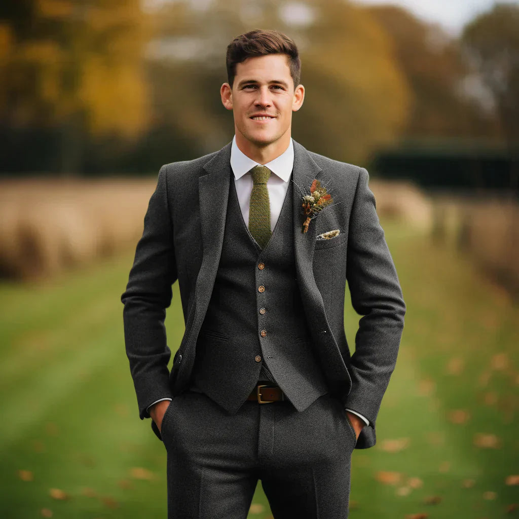 Optew Men's Wedding Three-Piece Suit Olive Green Wool Blend
