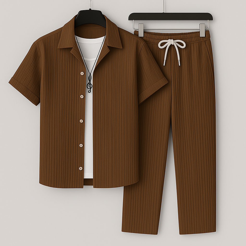 Optew Men Summer Two-Piece Set Pleated Synthetic