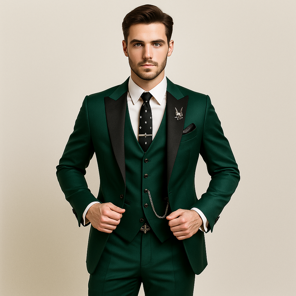 Optew Men Formal Three-Piece Suit Black Peak Lapels Wool Blend
