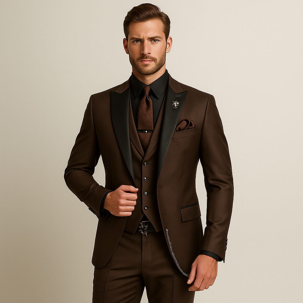 Optew Men Formal Three-Piece Suit Black Peak Lapels Wool Blend