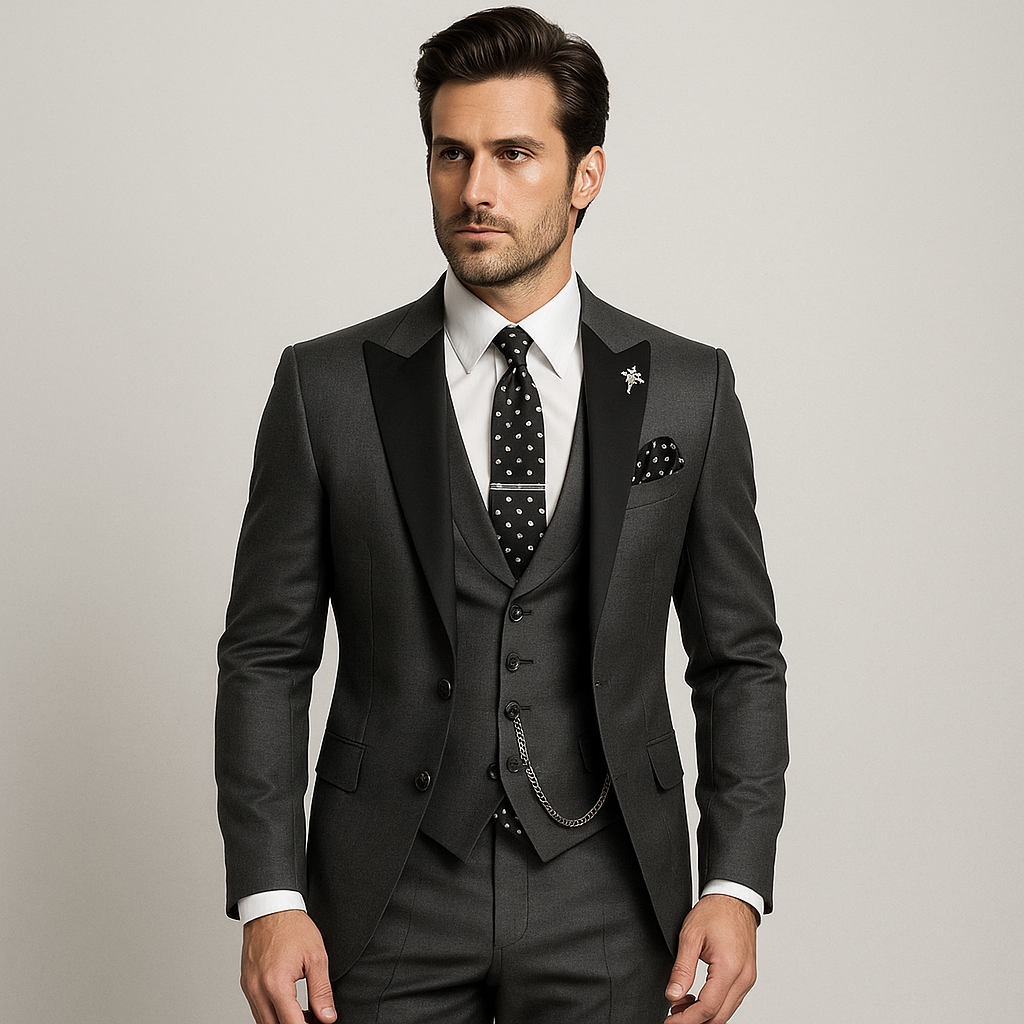 Optew Men Formal Three-Piece Suit Black Peak Lapels Wool Blend