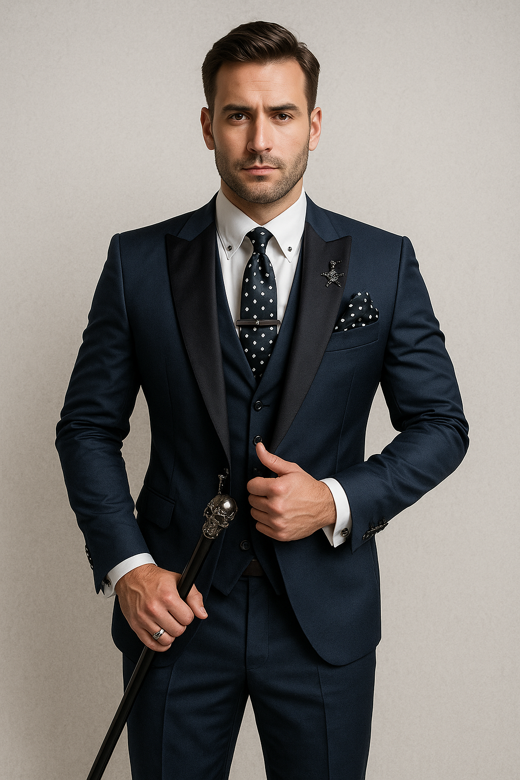 Optew Men Formal Three-Piece Suit Black Peak Lapels Wool Blend