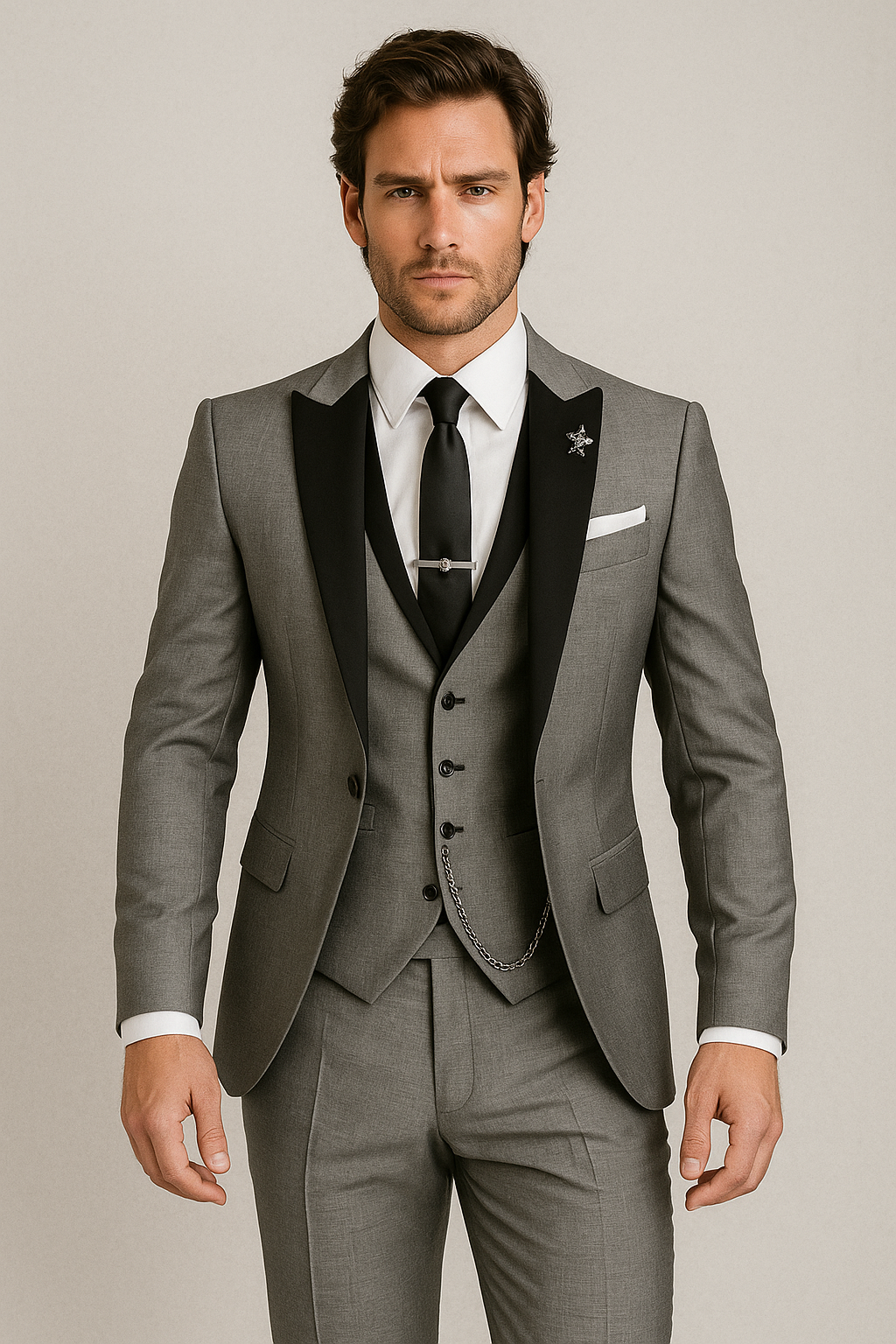 Optew Men Formal Three-Piece Suit Black Peak Lapels Wool Blend