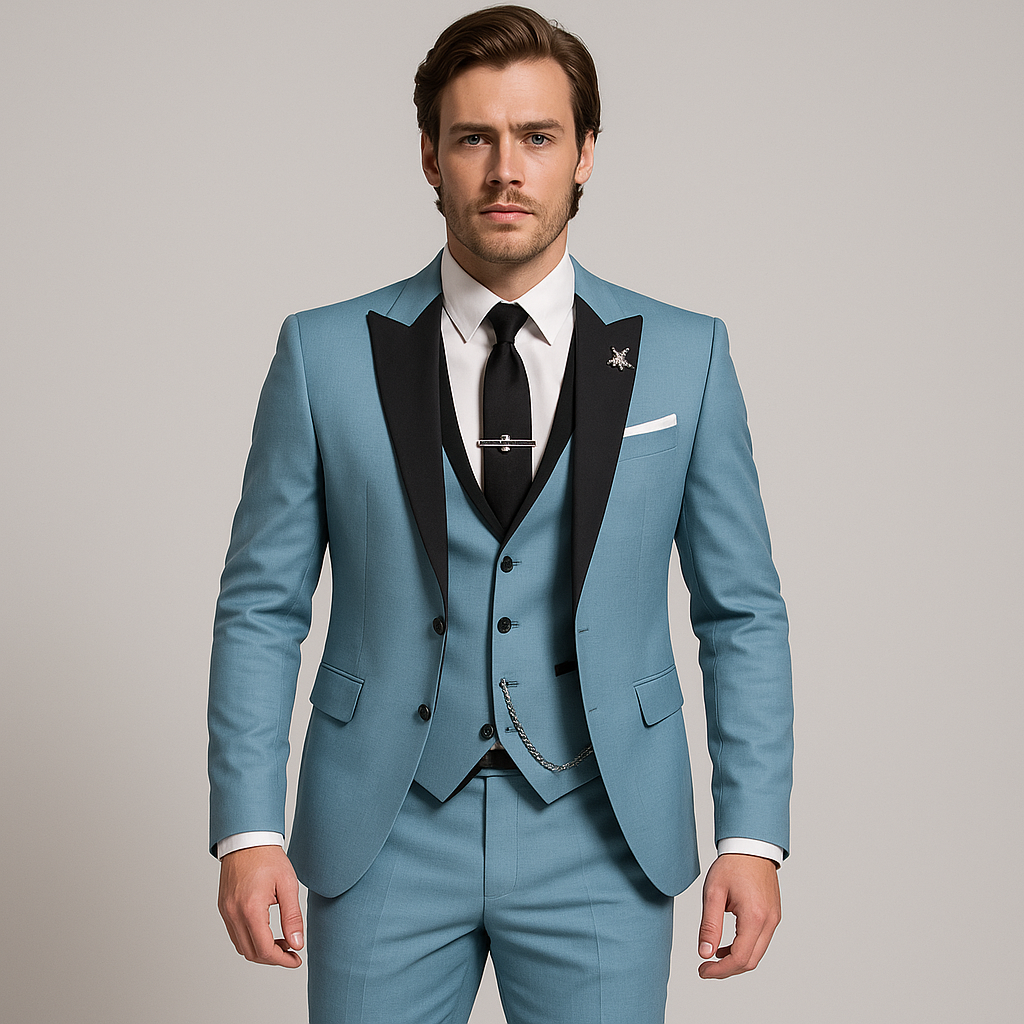 Optew Men Formal Three-Piece Suit Black Peak Lapels Wool Blend