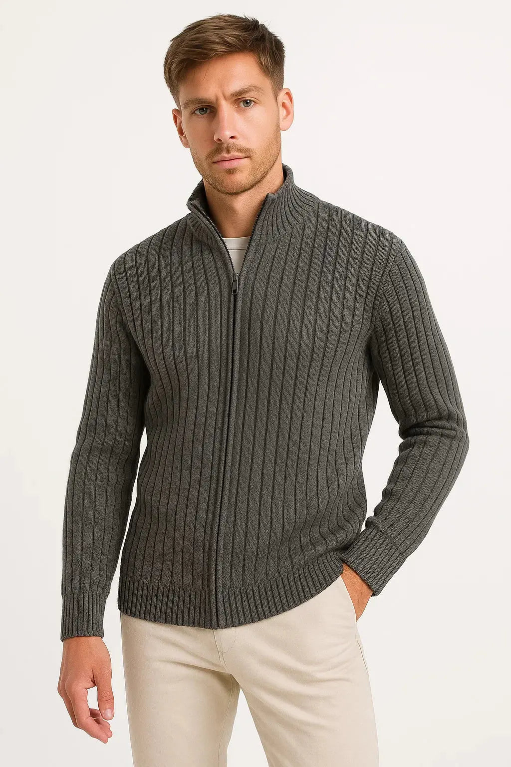 Optew Men’s Men's Cardigan Grey Ribbed Knit Lightweight Casual and Formal Design