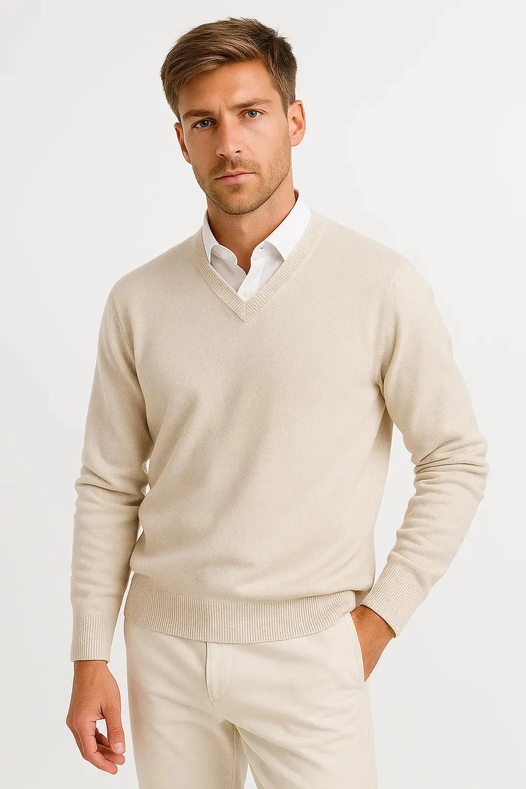 Optew Men's Sweater Wool-Polyester Blend V-Neck Lightweight