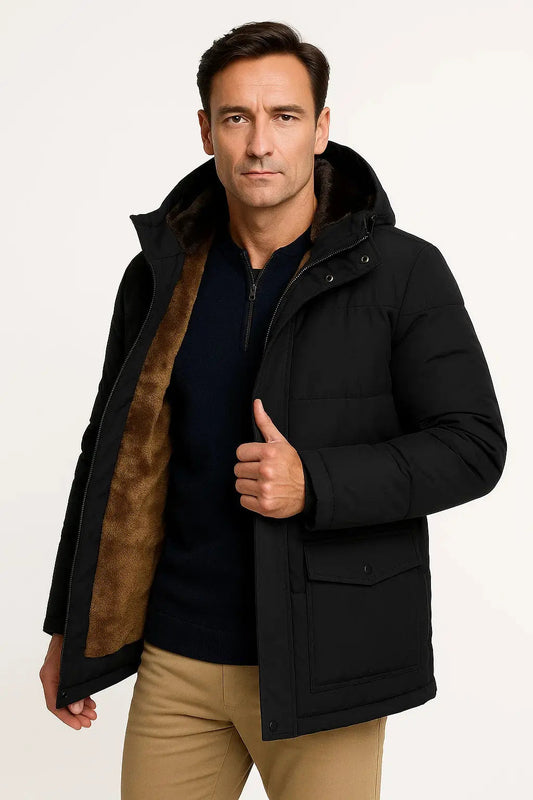 Optew Men's Winter Jacket Black Lambswool Oversized Hooded Thick Padded Jacket