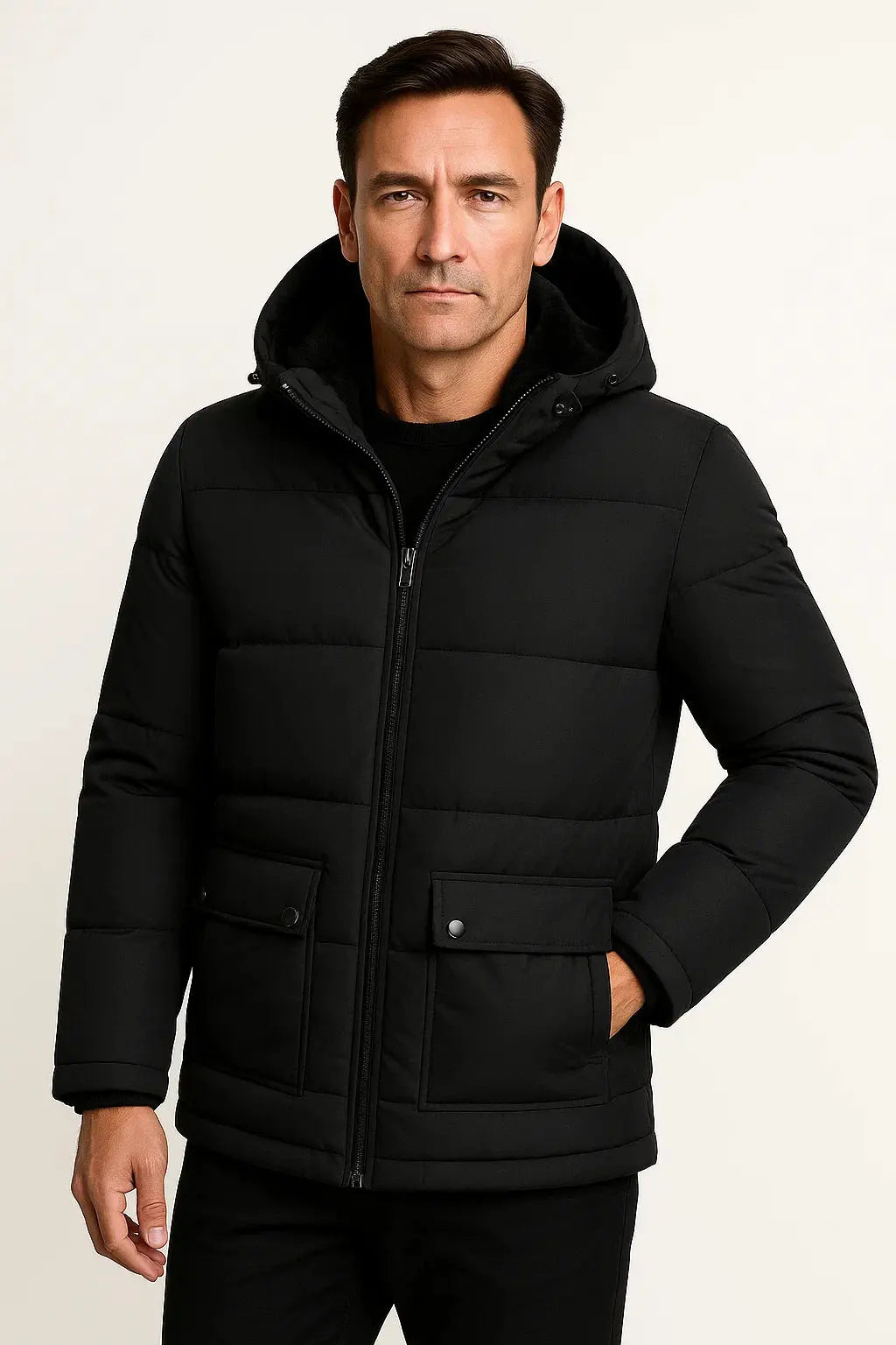 Optew Men's Winter Jacket Black Lambswool Oversized Hooded Thick Padded Jacket