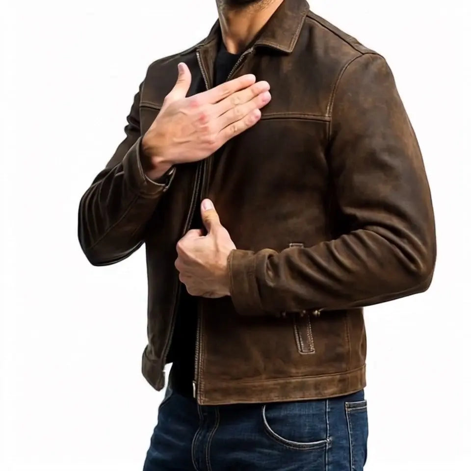 Optew Men's Classic Zipper Leather Jacket