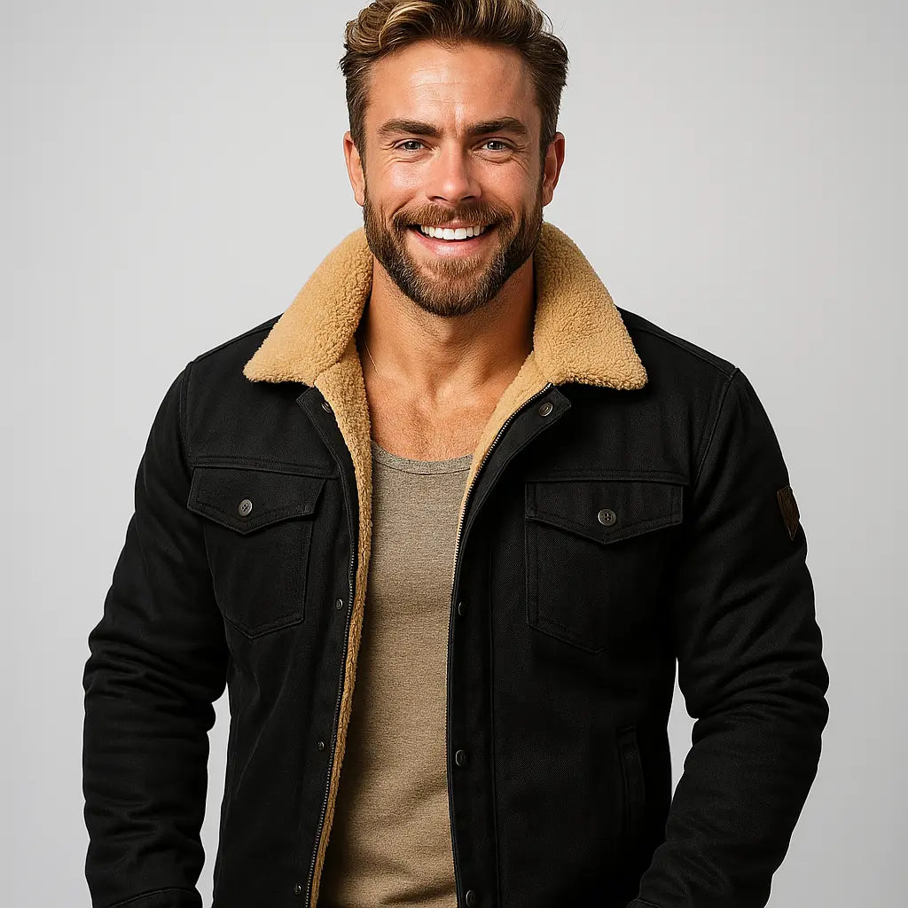 Optew Men’s Shearling Collar Jacket – Classic Lined Winter Outerwear