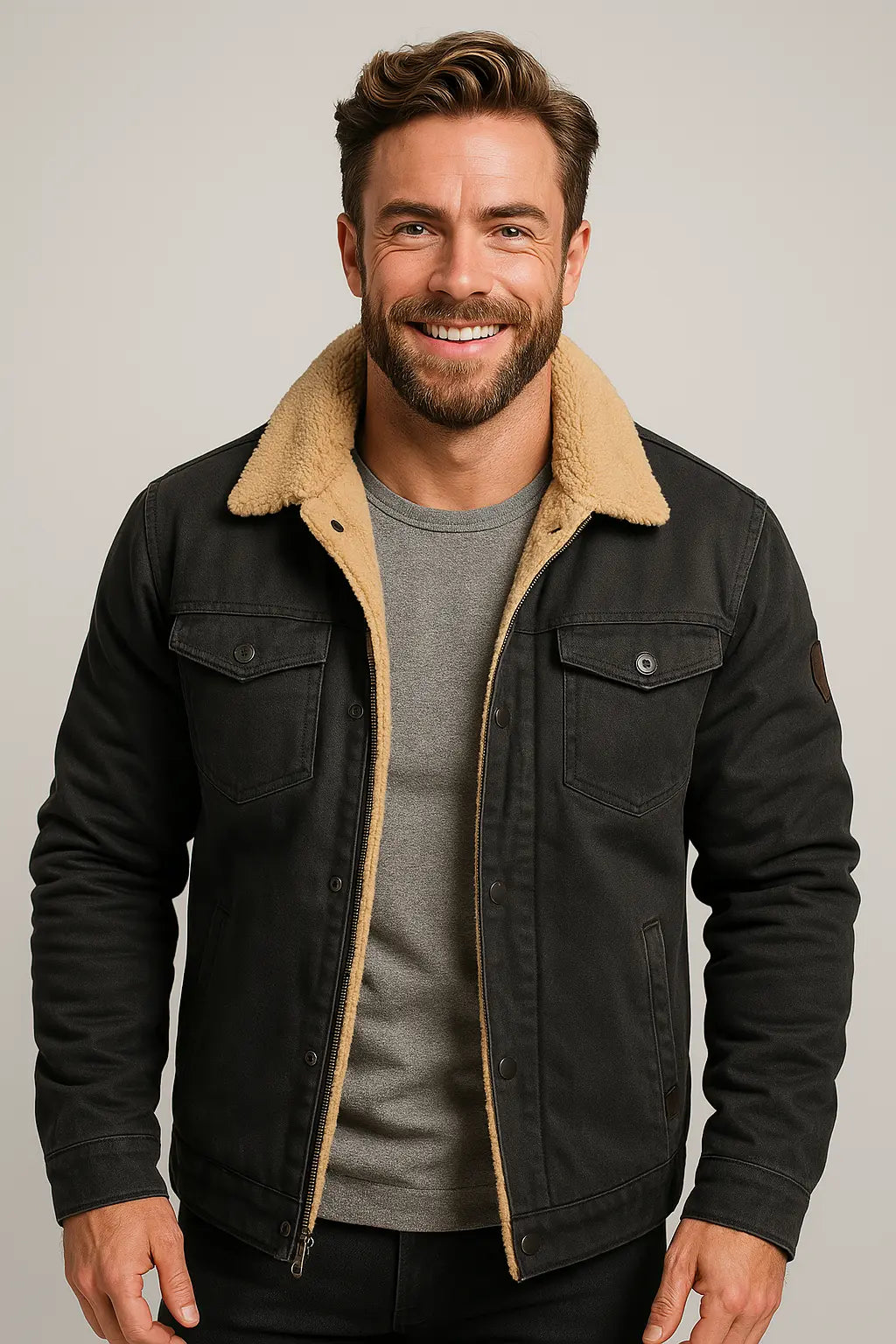 Optew Men’s Shearling Collar Jacket – Classic Lined Winter Outerwear