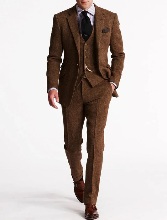 Optew Men’s Three-Piece Tweed Tuxedo – Classic Tailored Suit Set