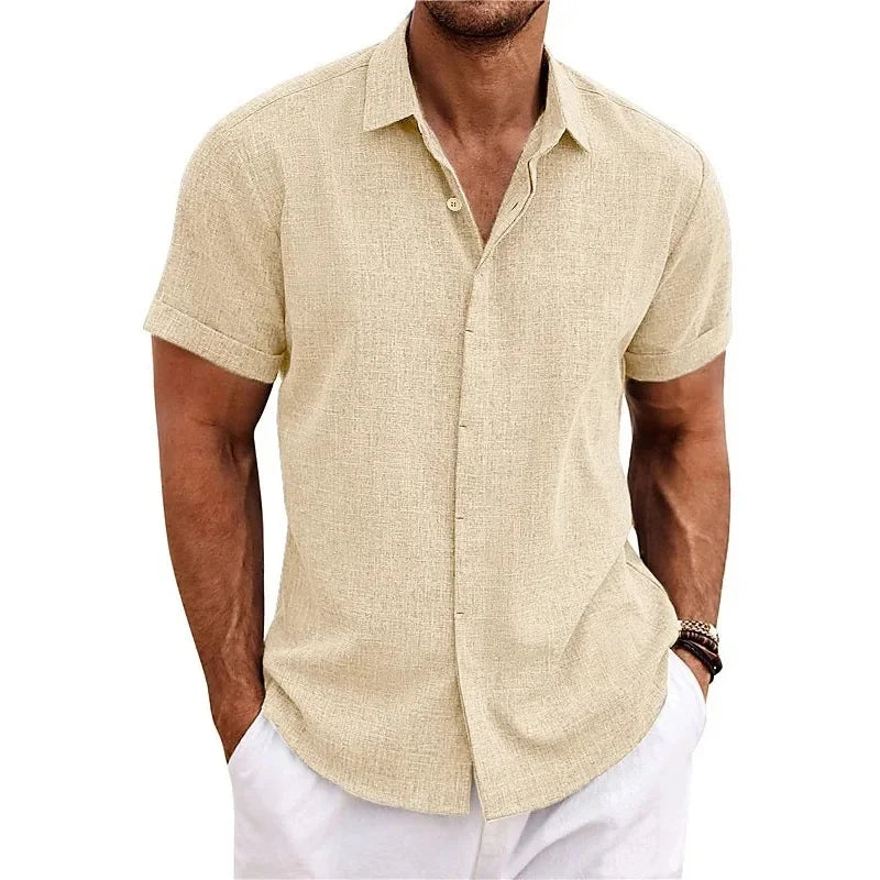 Optew Men's Summer Button-Down Shirt Textured Cotton-Linen Blend