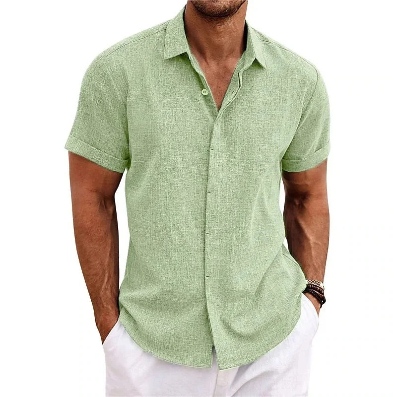 Optew Men's Summer Button-Down Shirt Textured Cotton-Linen Blend