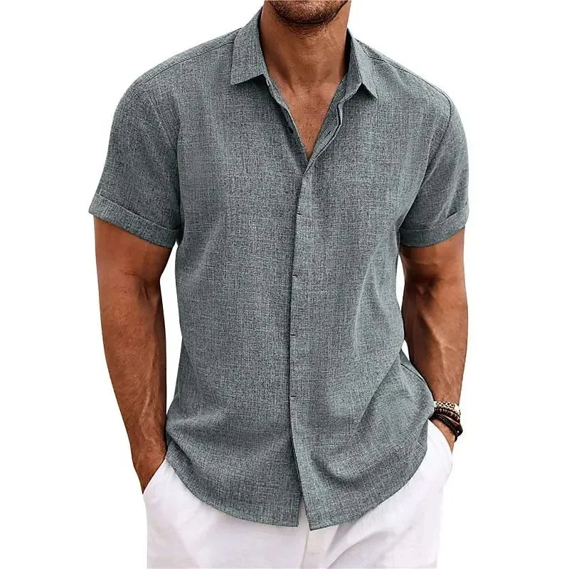 Optew Men's Summer Button-Down Shirt Textured Cotton-Linen Blend