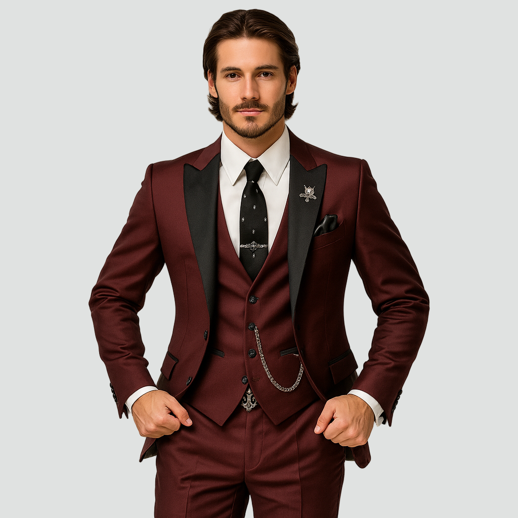 Optew Men Formal Three-Piece Suit Black Peak Lapels Wool Blend
