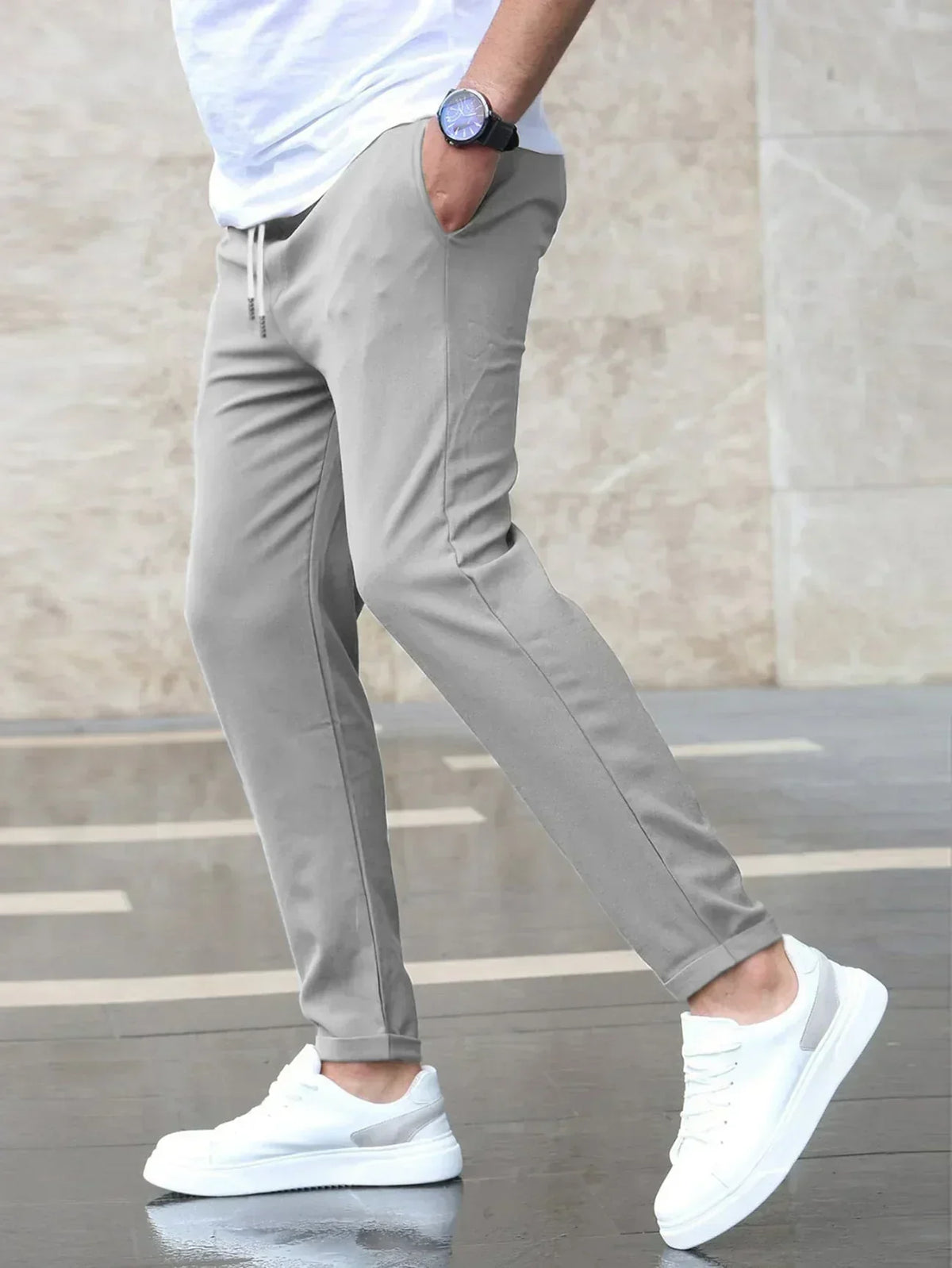 Optew Men Everyday Slim Fit Trousers Drawstring Waist
