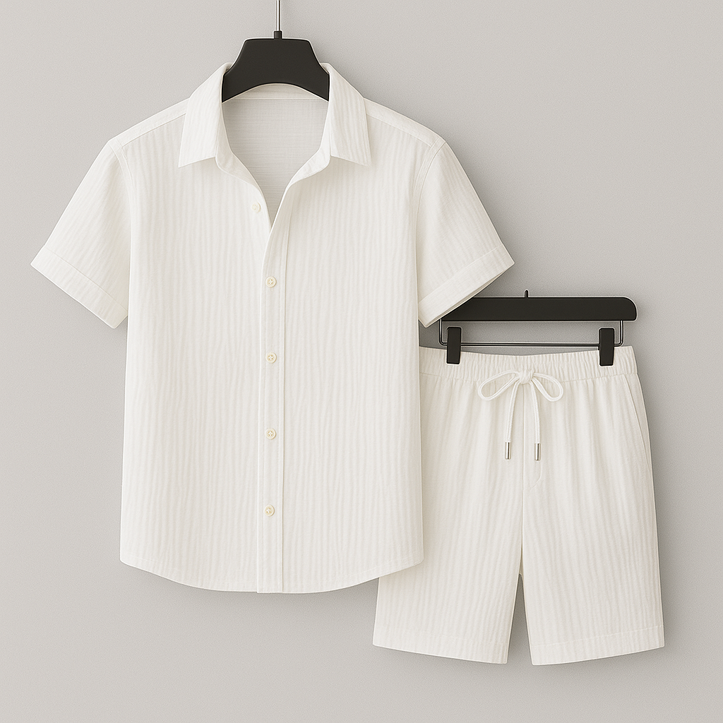 Optew Men Summer Matching Set Textured Crinkle Cotton-Linen