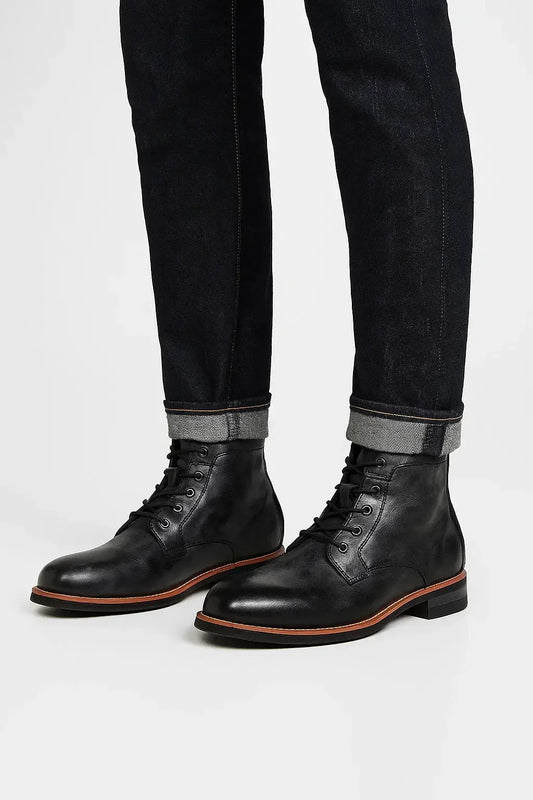 Optew Men's Leather Ankle Boots Lace-Up Comfort Durable Black