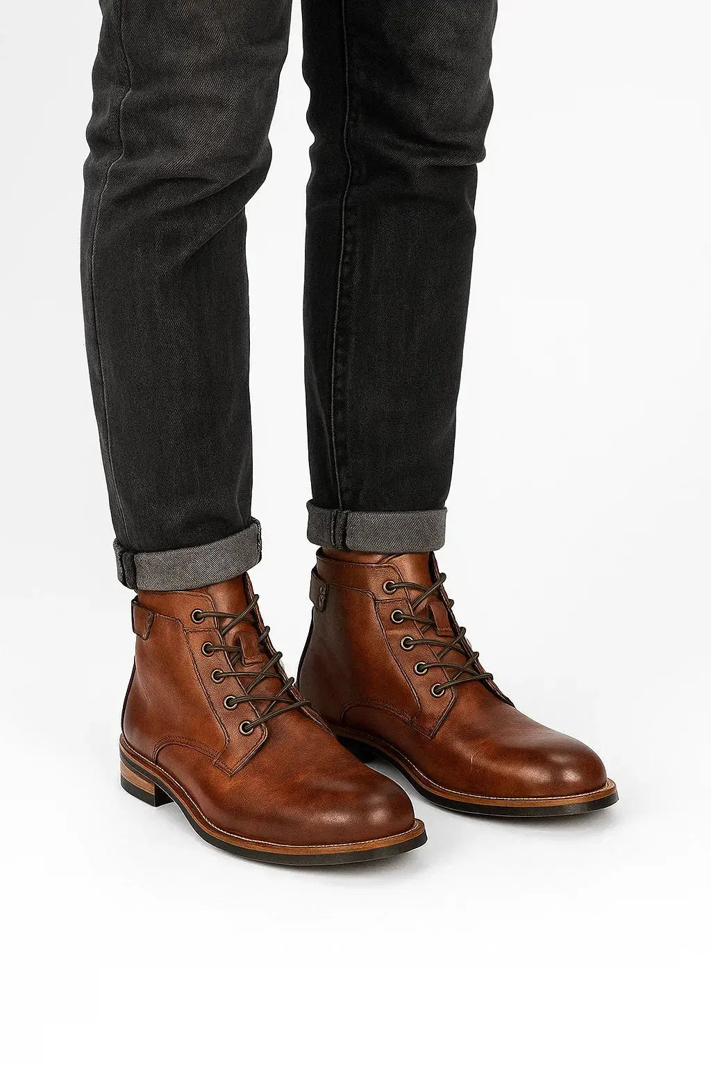 Optew Men's Leather Ankle Boots Lace-Up Comfort Durable Black