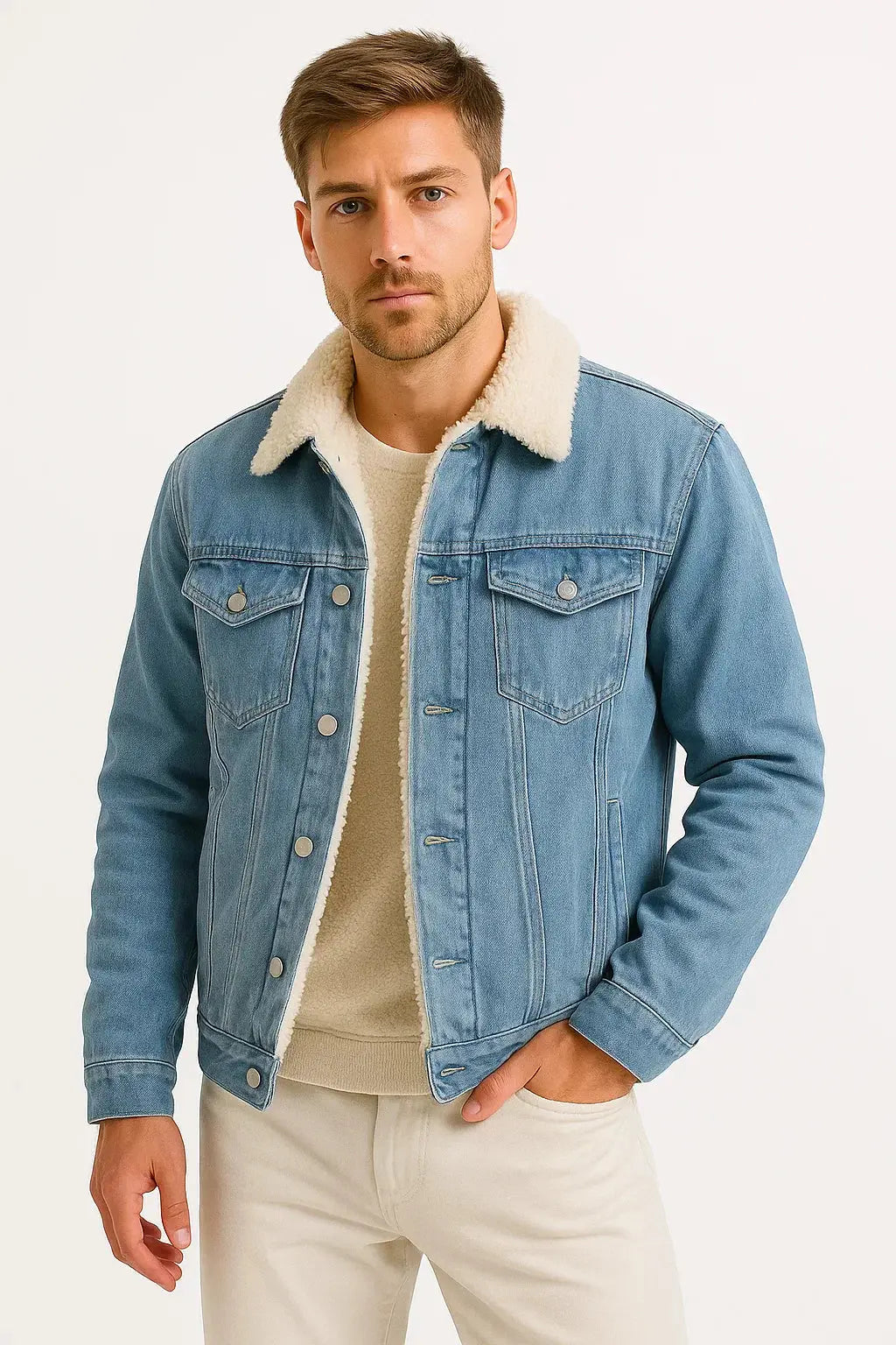 Optew Men's Fleece Jacket Denim Thickened Winter Loose Fit