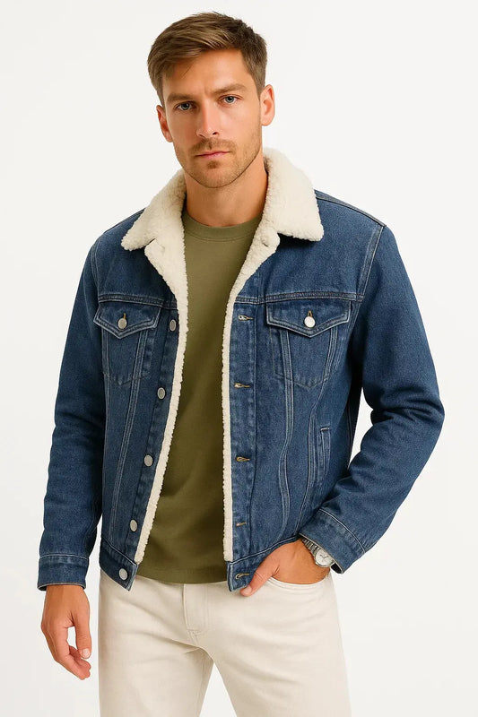 Optew Men's Fleece Jacket Denim Thickened Winter Loose Fit