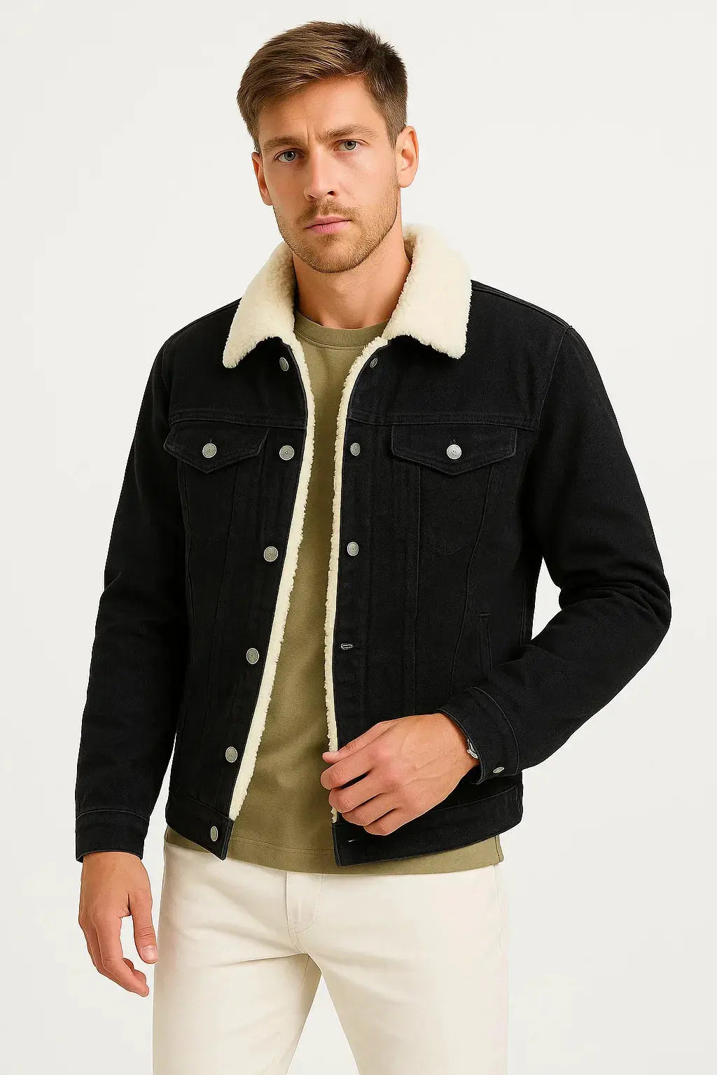 Optew Men's Fleece Jacket Denim Thickened Winter Loose Fit
