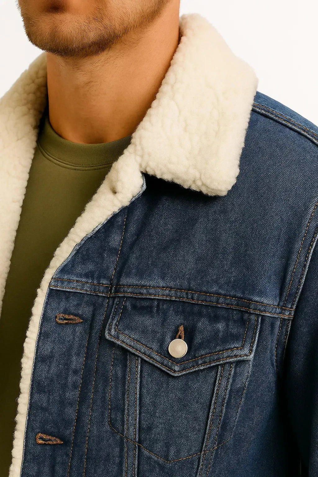 Optew Men's Fleece Jacket Denim Thickened Winter Loose Fit