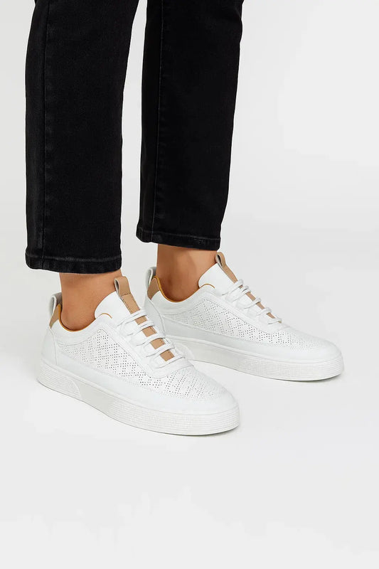Optew Men's Sneakers Leather Casual Breathable Perforated Design