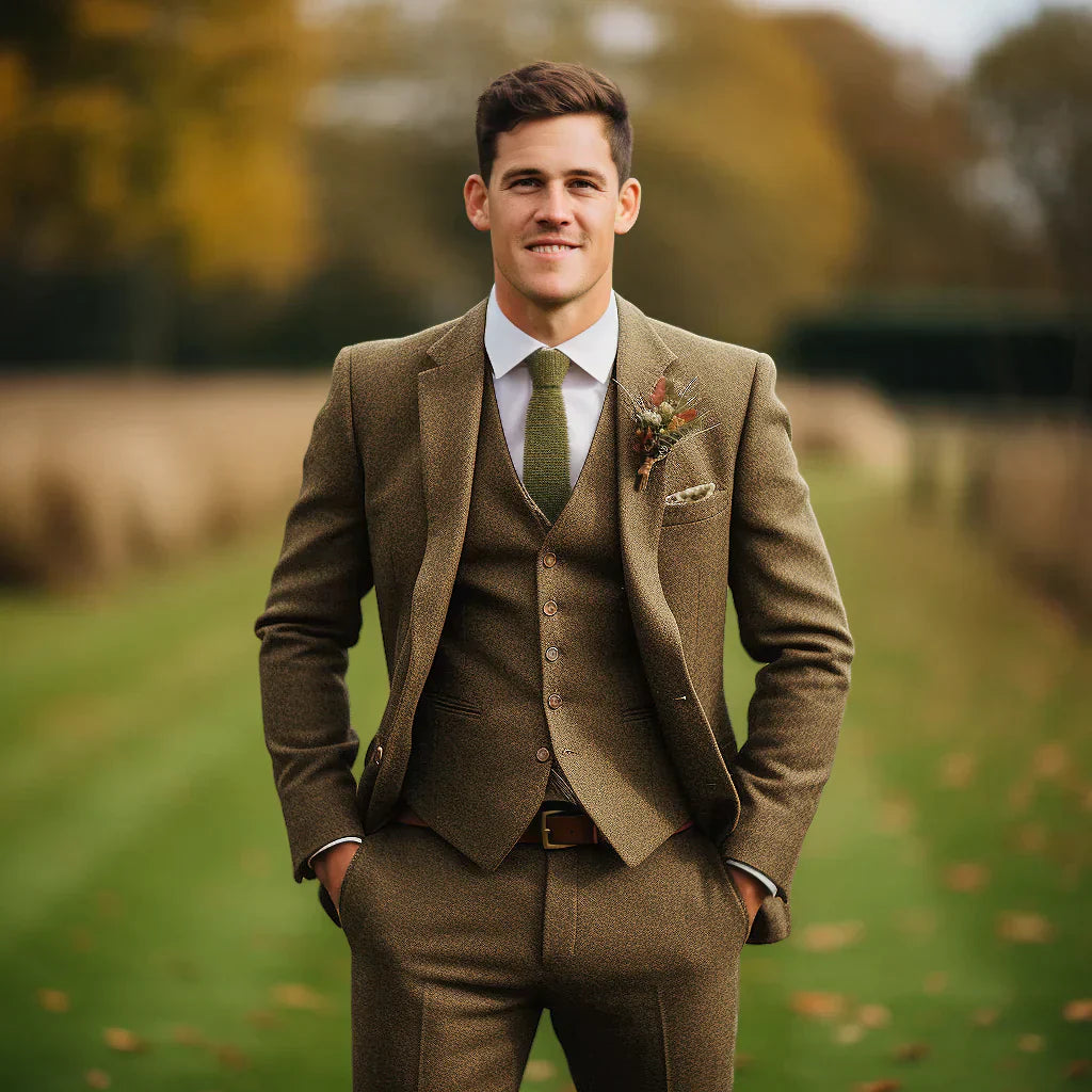 Optew Men's Wedding Three-Piece Suit Olive Green Wool Blend