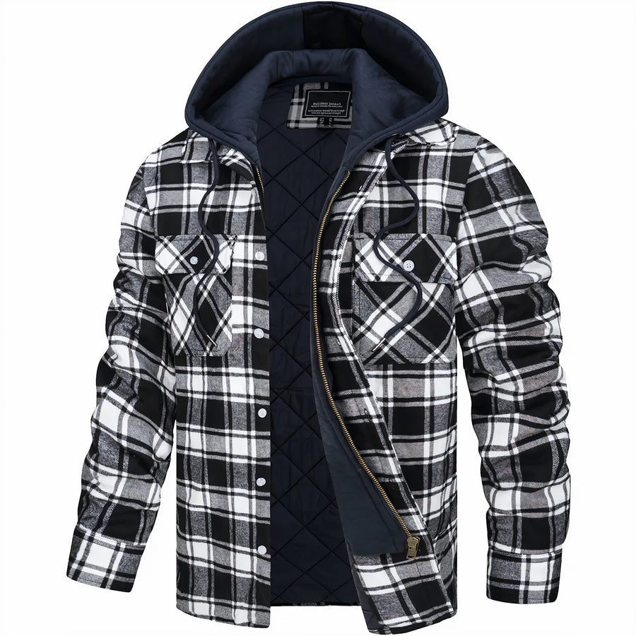 Optew Men’s Quilted Plaid Hooded Jacket