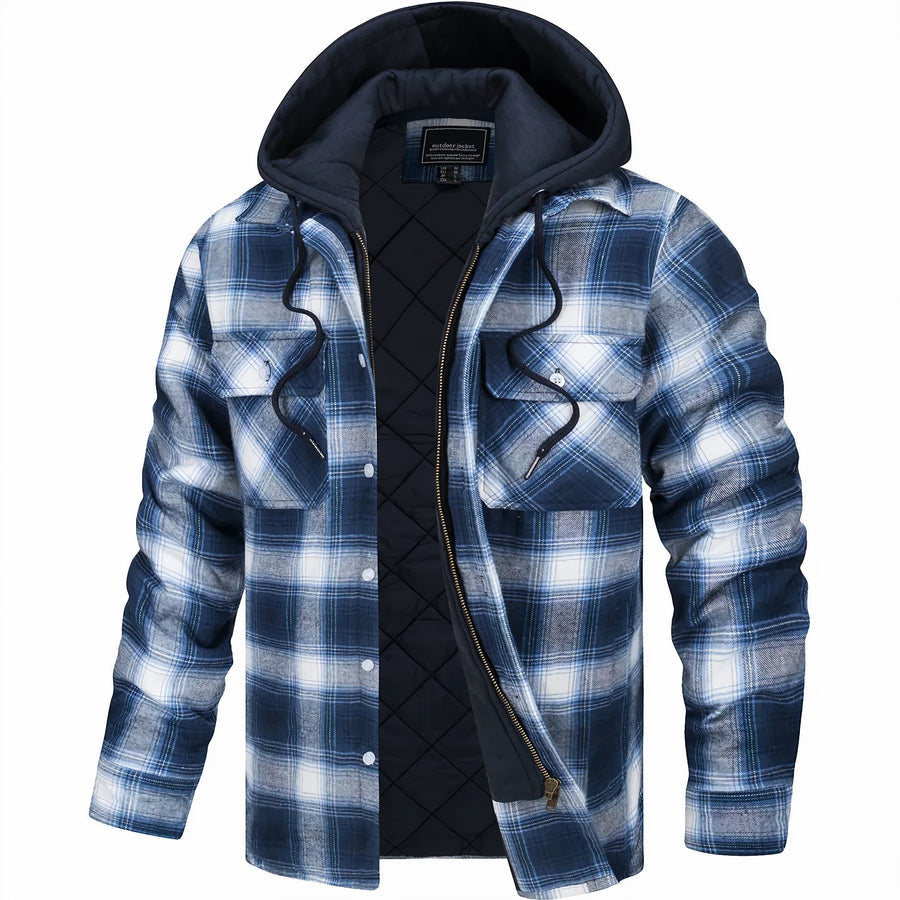 Optew Men’s Quilted Plaid Hooded Jacket